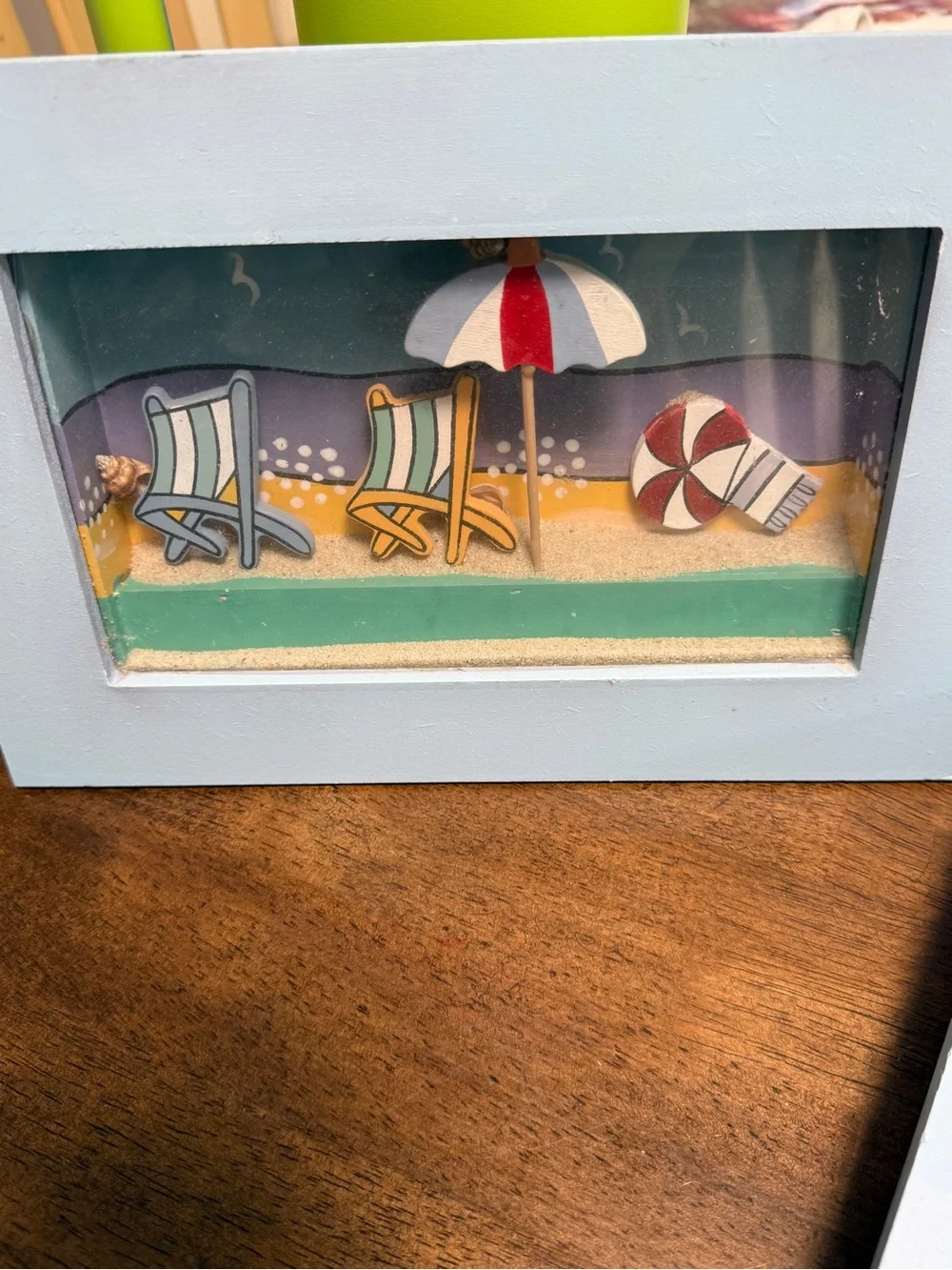 Source Unknown Light Blue Coastal Shadow Box Pair with Multi-Color Umbrella